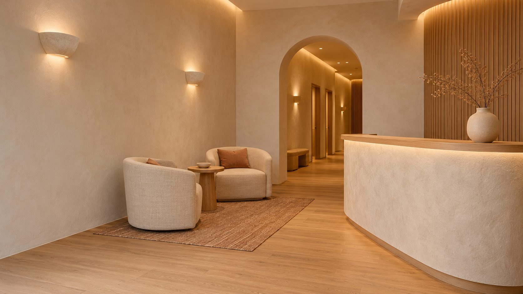 The warm, softly lit reception at Ostra Beauty Studio