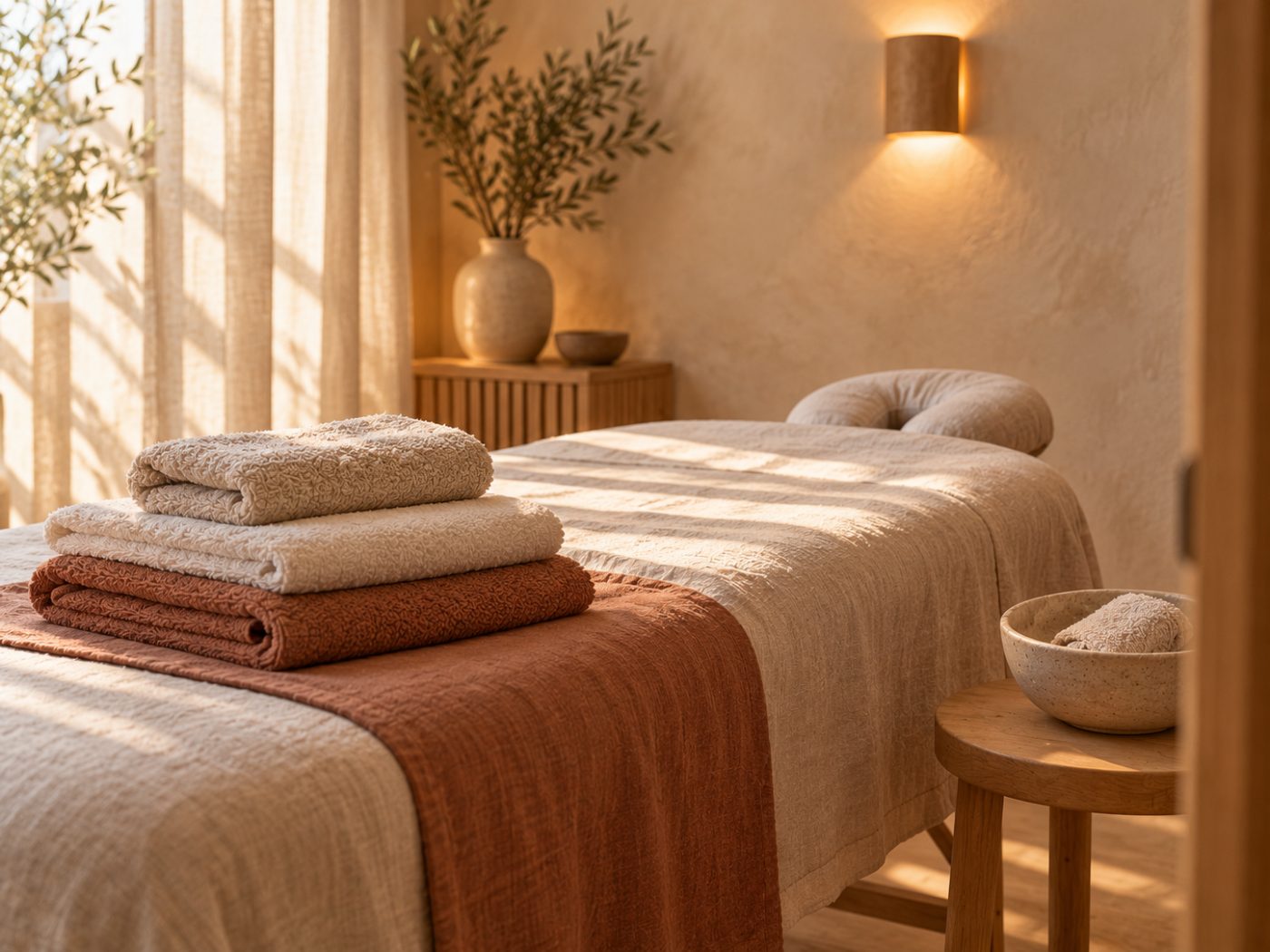 A calm massage room with folded towels on a linen-covered bed