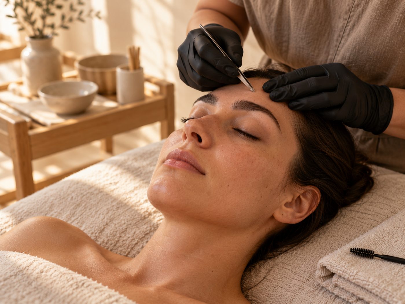 A brow therapist carefully shaping a client’s eyebrow with fine tweezers