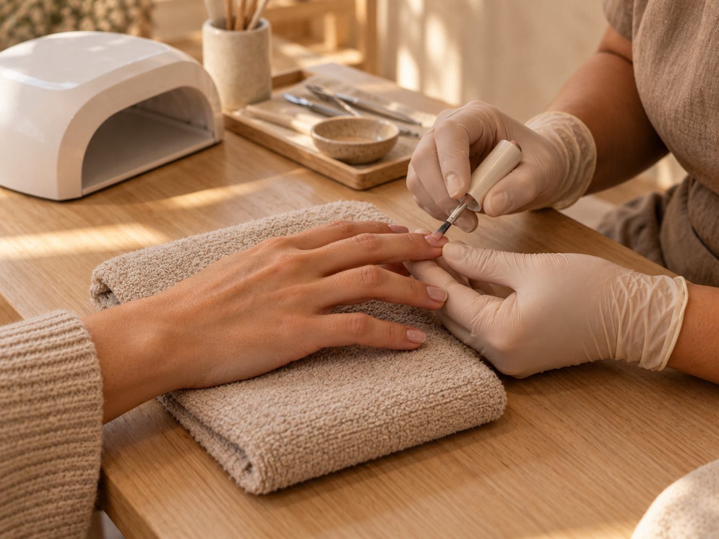 A nail technician applying sheer nude gel polish during a manicure